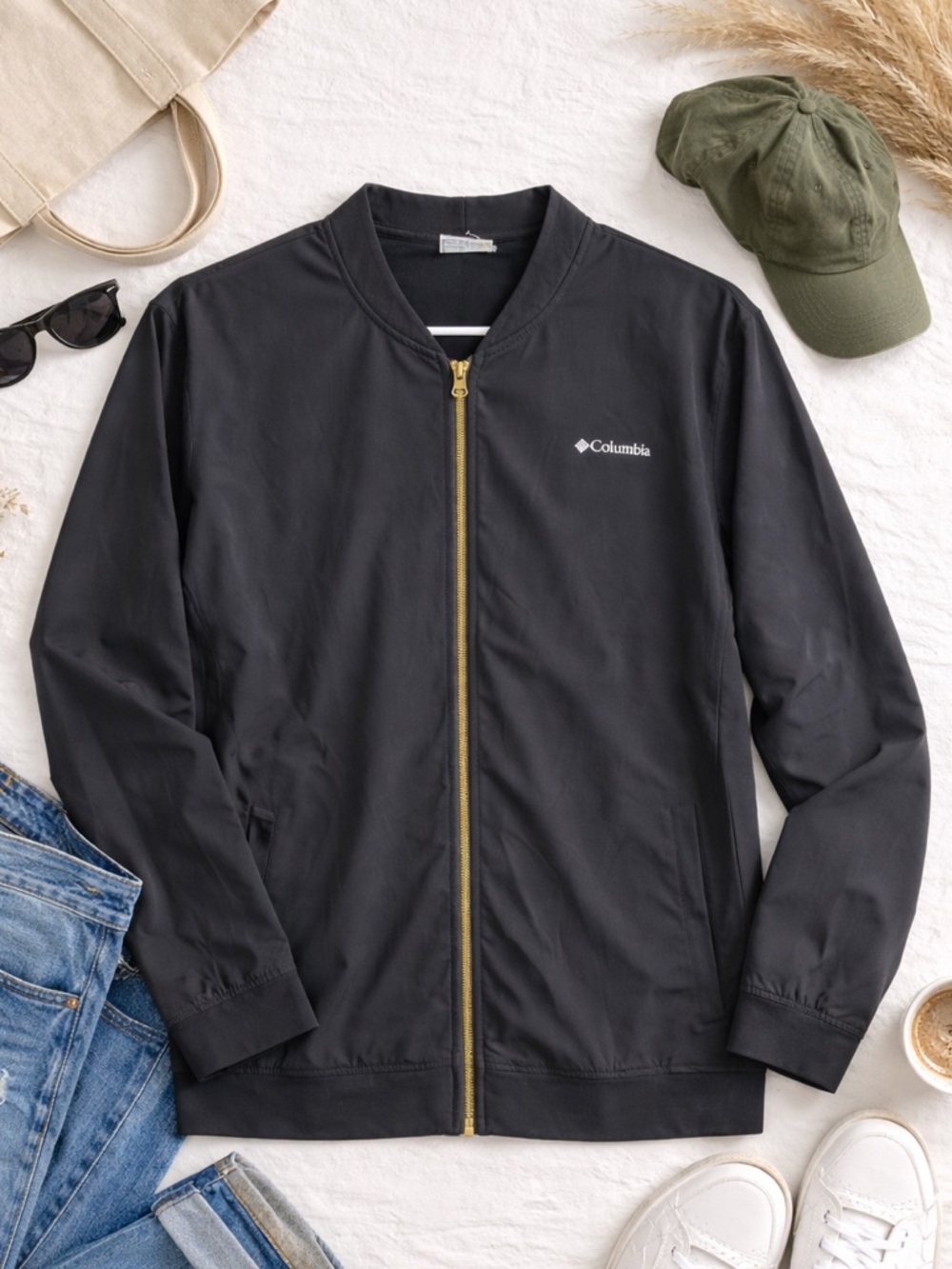 Columbia Black Zip Front Lightweight Bomber Jacket Size 1X Stretch
